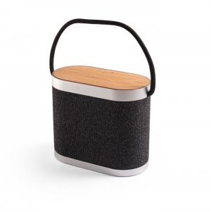 GUETTA. Coluna de som port�til de 5W com carregador wireless super r�pido 15W e 2h de autonomia em bambu e PET reciclado (100% rPET)