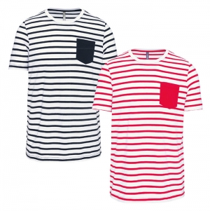 T-shirt �s riscas estilo marinheiro de manga curta com bolso
