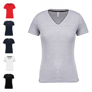 T-shirt de malha piqu� de senhora com decote V
