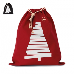 Saco de algod�o com cord�o, motivo �rvore de Natal.
