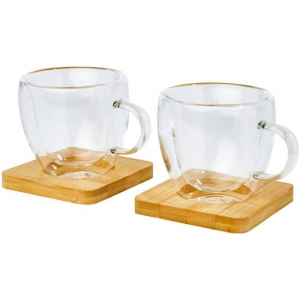 Copo de vidro de parede dupla de 2 pe�as de 100 ml com base para copos de bambu 'Manti'