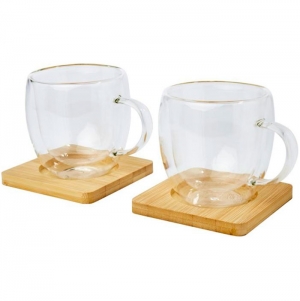 Copo de vidro de parede dupla de 250 ml com base de cupos de bambu de 2 pe�as 'Manti'