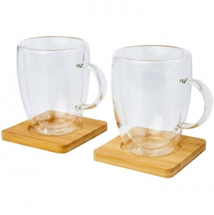 Copo de vidro de parede dupla de 350 ml de 2 pe�as com base de copos de bambu 'Manti'