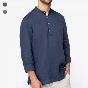 Camisa eco-respons�vel com gola � padre com aspecto lavado em linho de homem
