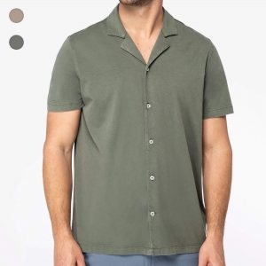 Camisa eco-respons�vel com aspecto lavado em jersey de manga curta com colarinho � bowling de homem