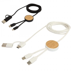 Cabo de sincroniza��o de dados e de carregamento r�pido de 27 W de 150 cm de pl�stico reciclado 5 em 1 com detalhes em bambu