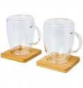 Copo de vidro de parede dupla de 350 ml de 2 pe�as com base de copos de bambu 'Manti'